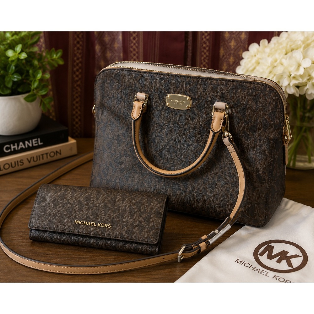 Michael Kors Jet Set Travel Satchel Crossbody Wallet Brown MK Logo Matching Set